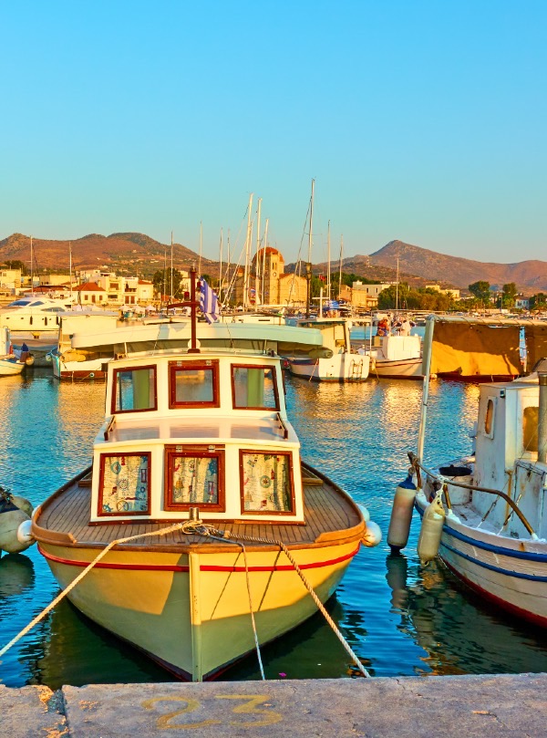 Fishing boats and waterfront buildings in Aegina town